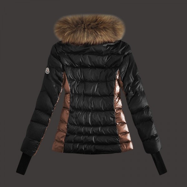 Moncler Donna Giù cappotto di pelliccia con cappuccio nero Saldi M1095